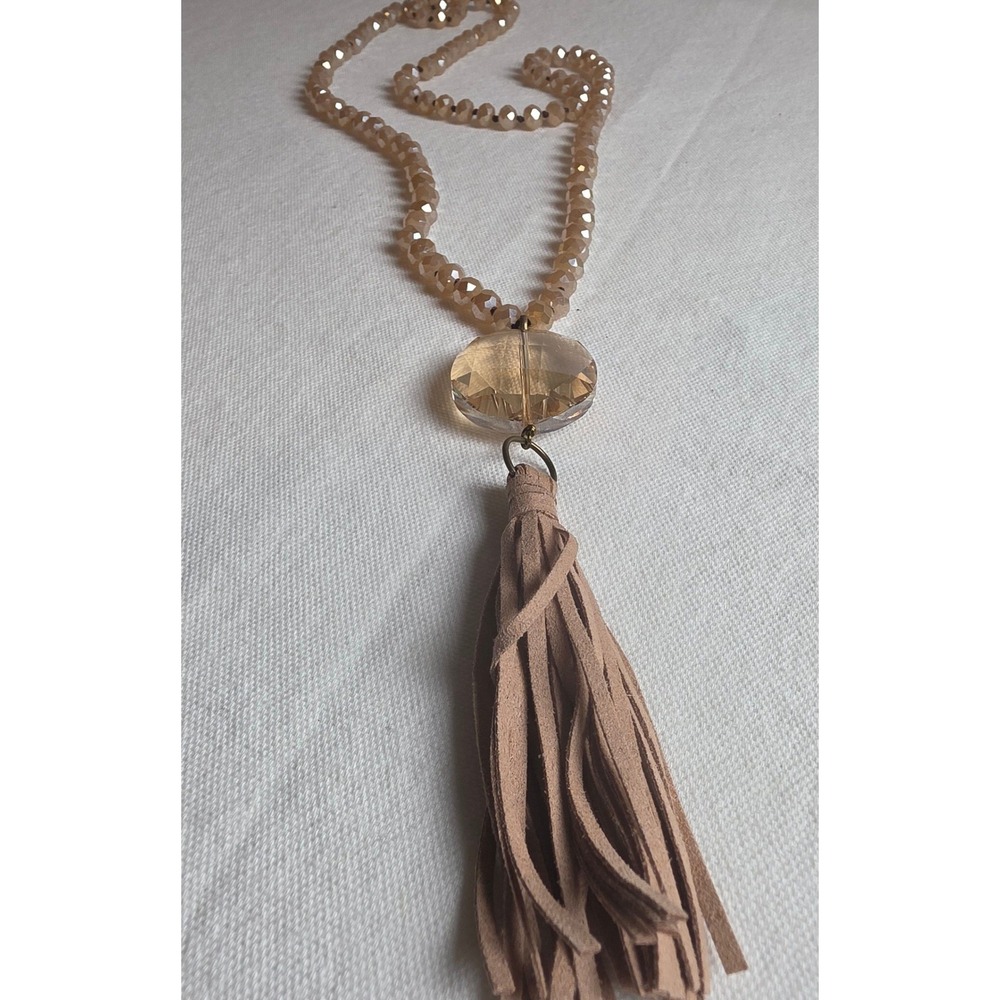 Tan Glass Bead Long Faux Suede Tassel Necklace Boho Neutral 43in - Picture 5 of 5